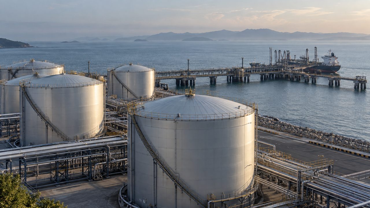 Petroleum storage tanks beside a marine jetty