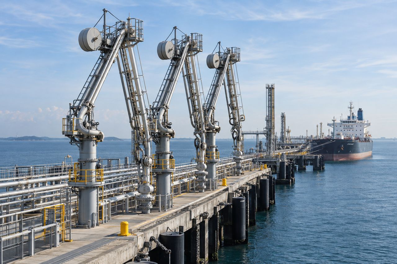 Loading arms at a marine product jetty